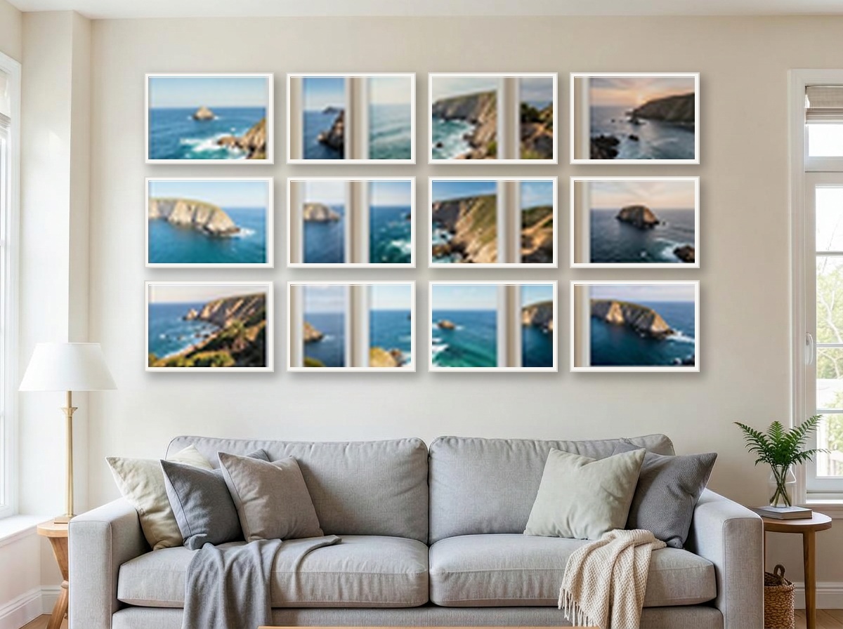 12 canvas prints from the 12 x A4 Canvas Combo arranged as a gallery wall in a styled room