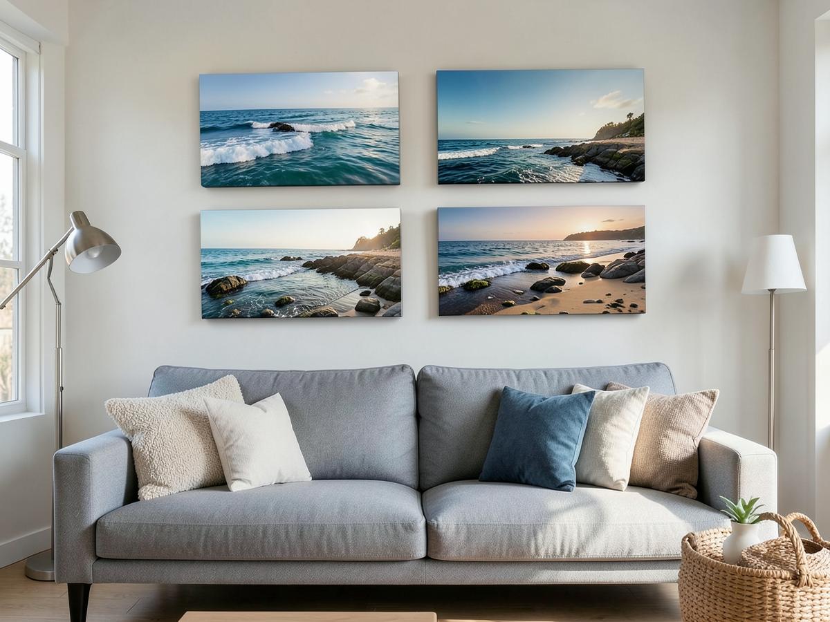 4 canvas prints from the 4 x A4 Canvas Combo arranged as a gallery wall in a styled room