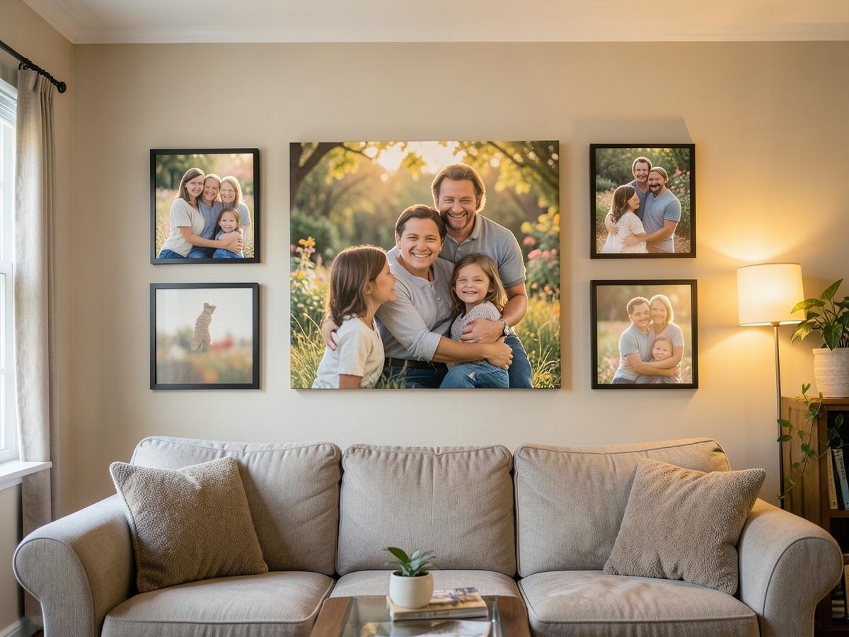 5 canvas prints from the 1 x A3 + 2 x A4 + 2 x A5 Canvas Combo arranged as a gallery wall in a styled room