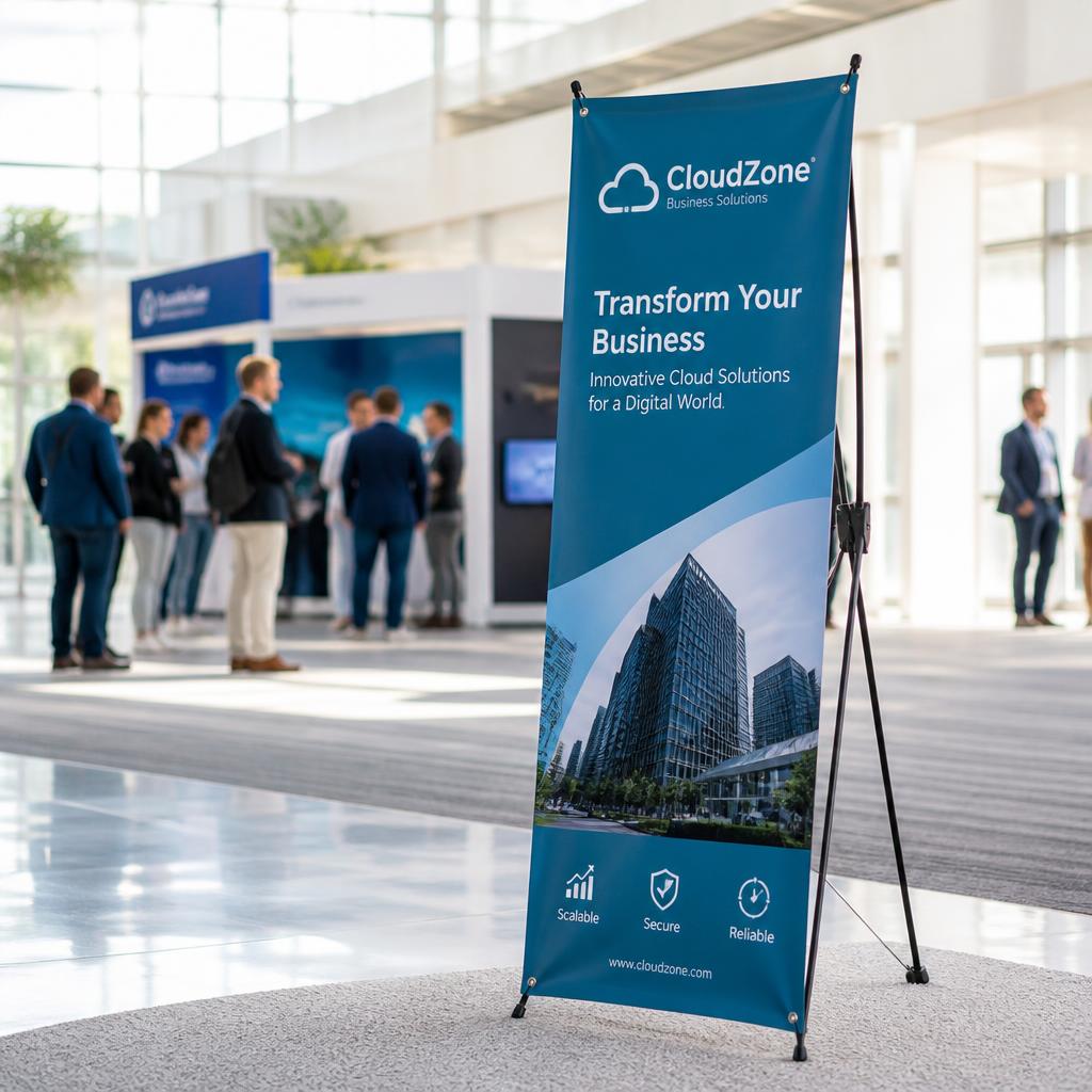 X-frame banner stand at an exhibition