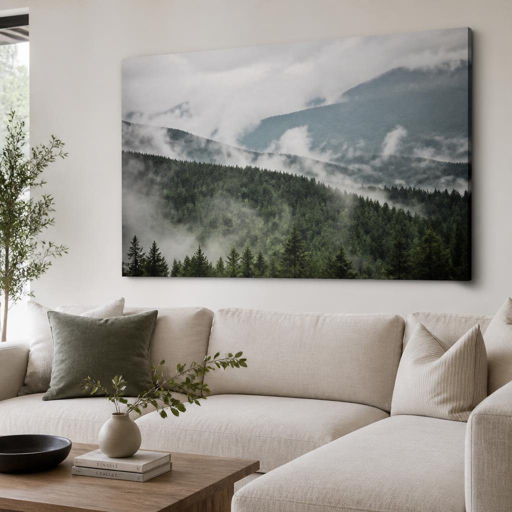 Three gallery-wrapped canvas prints above a sideboard